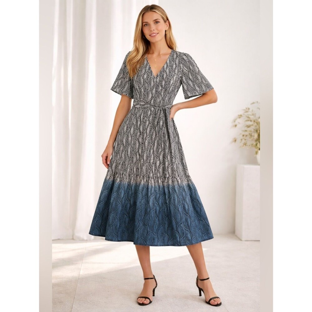 St. Roche Organic Cotton Wrap Midi Dress Leaf Print Blue Black Size 10